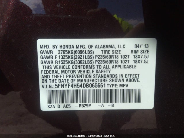 2013 HONDA PILOT EX-L VIN: 5FNYF4H54DB065661