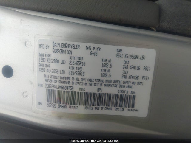 2004 CHRYSLER TOWN & COUNTRY LIMITED VIN: 2C8GP64L04R534756