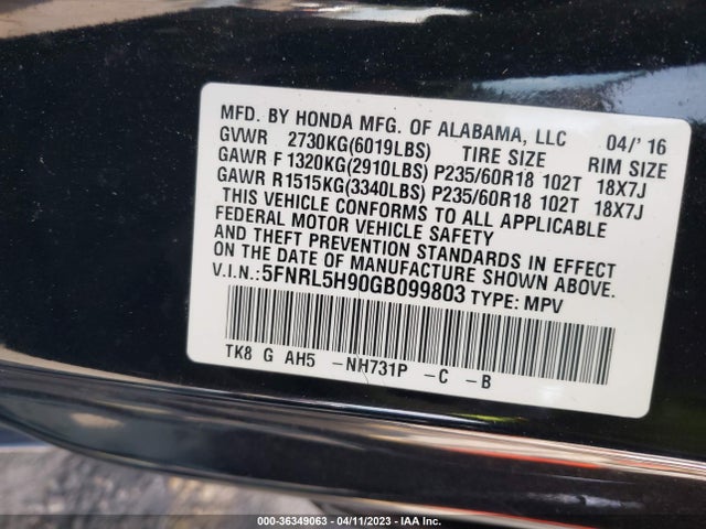 Honda Odyssey Touring 2016 5FNRL5H90GB099803 Image 9