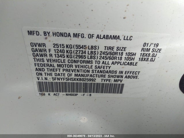 Honda Pilot Ex-l 2019 5FNYF5H5XKB025992 Image 9