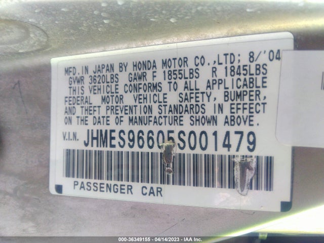 2005 HONDA CIVIC HYBRID VIN: JHMES96605S001479