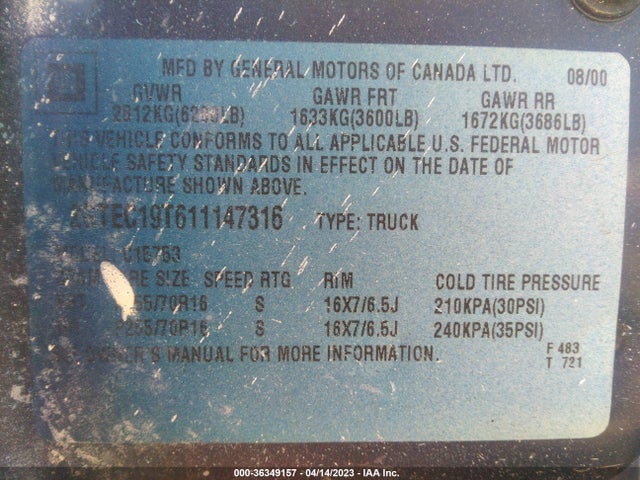 2001 GMC SIERRA 1500 SLE VIN: 2GTEC19T611147316