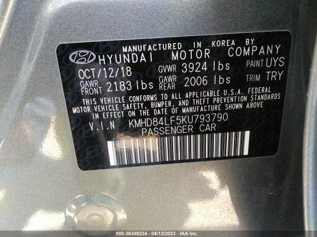 2019 HYUNDAI ELANTRA SEL VIN: KMHD84LF5KU793790