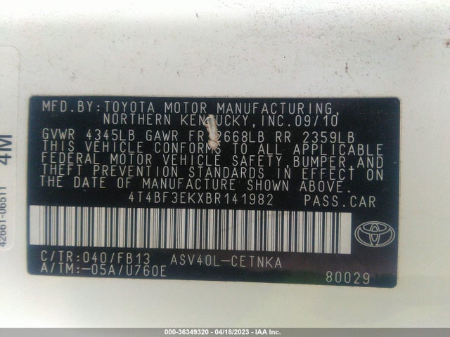 2011 Toyota Camry მანქანა იყიდება აუქციონზე, vin: 4T4BF3EKXBR141982, აუქციონის ნომერი: 36349320