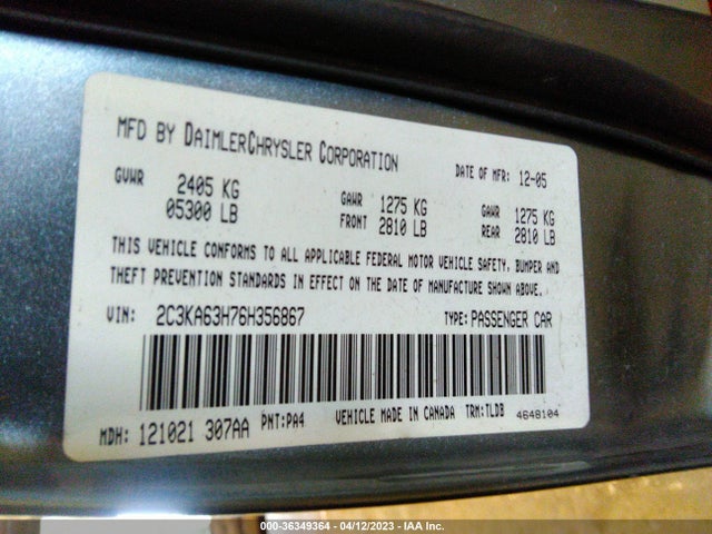 2006 CHRYSLER 300 C VIN: 2C3KA63H76H356867