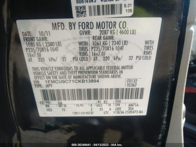 2012 FORD ESCAPE XLS VIN: 1FMCU9C71CKB13894
