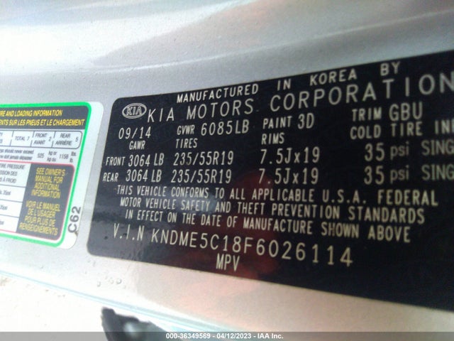 2015 KIA SEDONA SX-L VIN: KNDME5C18F6026114