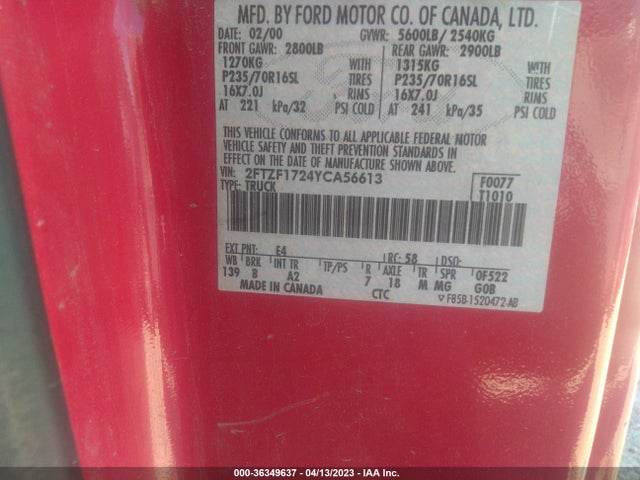 2000 FORD F-150 VIN: 2FTZF1724YCA56613
