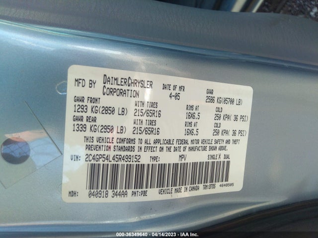 Продаж на аукціоні авто 2005 Chrysler Town & Country Touring, vin: 2C4GP54L45R499152, номер лоту: 36349640