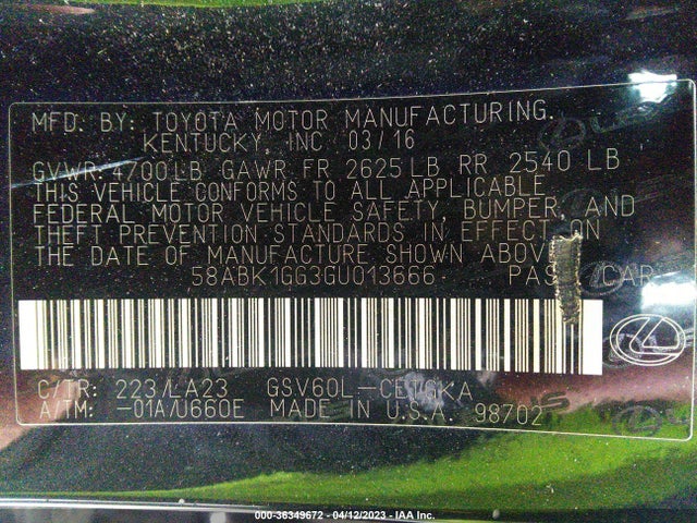 58ABK1GG3GU013666 Lexus ES 350