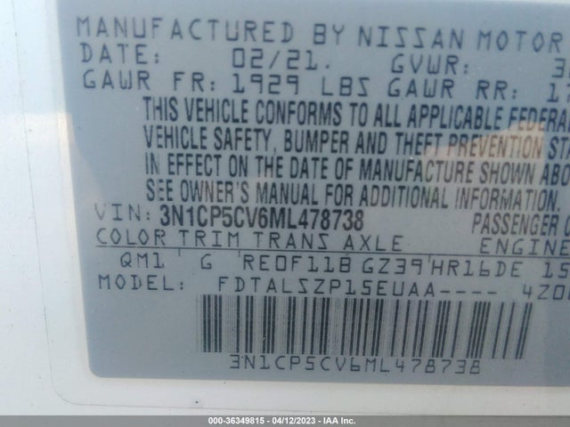 2021 NISSAN KICKS SV VIN: 3N1CP5CV6ML478738
