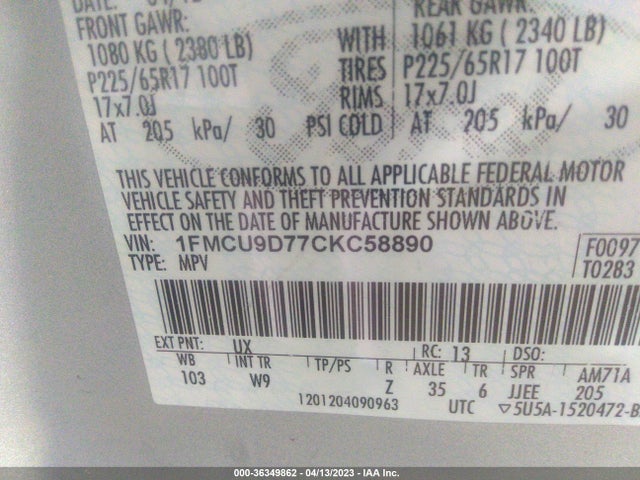 2012 FORD ESCAPE XLT VIN: 1FMCU9D77CKC58890