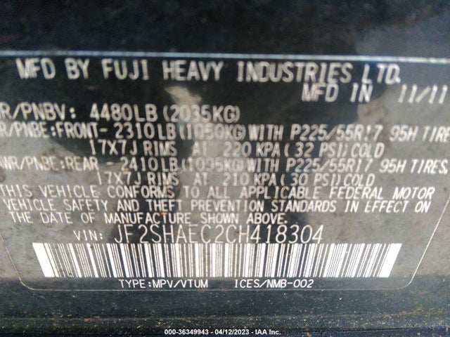 2012 SUBARU FORESTER 2.5X LIMITED VIN: JF2SHAEC2CH418304