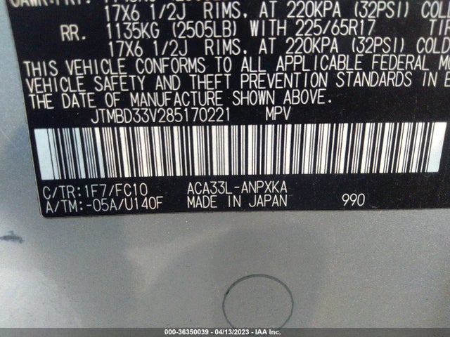 2008 TOYOTA RAV4 VIN: JTMBD33V285170221