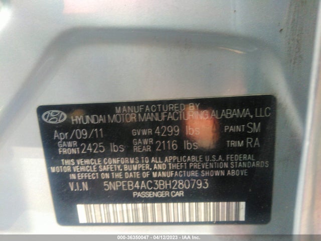2011 HYUNDAI SONATA GLS PZEV VIN: 5NPEB4AC3BH280793
