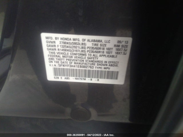 Honda Pilot Ex 2014 5FNYF3H41EB002763 Image 9