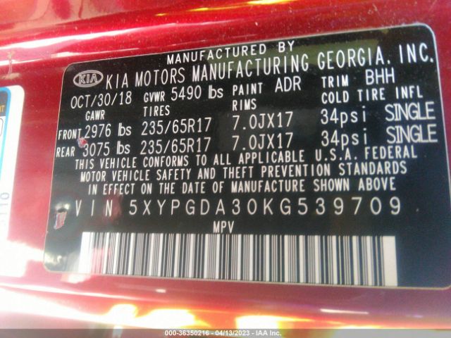 5XYPGDA30KG539709 KIA SORENTO LX