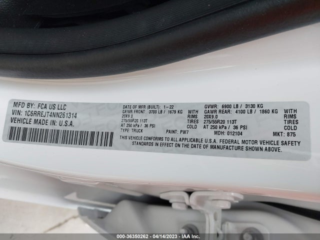 Aukcja sprzedaży 2022 Ram 1500 Laramie, vin: 1C6RREJT4NN261314, numer aukcji: 36350262