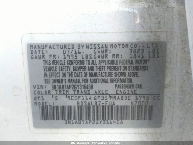 3N1AB7AP2GY316408 Nissan SENTRA S