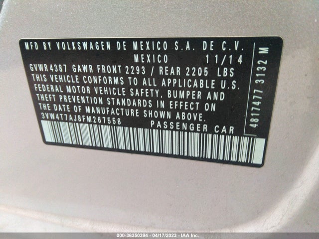 3VW4T7AJ8FM267558 Volkswagen Jetta Sedan 2.0t Gli Sel