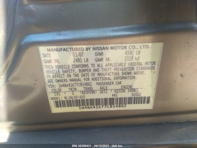 2007 NISSAN MAXIMA 3.5 SE VIN: 1N4BA41E77C854862