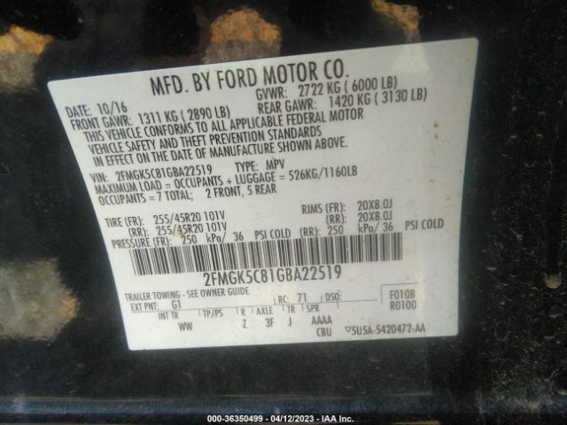 2FMGK5C81GBA22519 Ford FLEX SEL