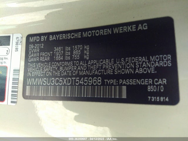 2013 MINI COOPER HARDTOP VIN: WMWSU3C5XDT545968