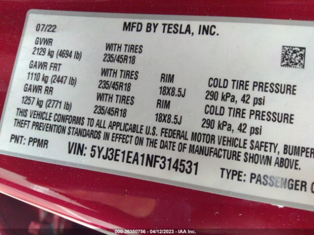 5YJ3E1EA1NF314531 Tesla MODEL 3
