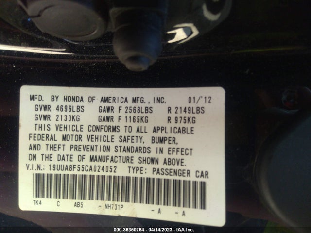 2012 ACURA TL TECH AUTO VIN: 19UUA8F55CA024052