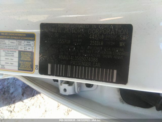KNAGT4L35G5074088 KIA Optima Lx