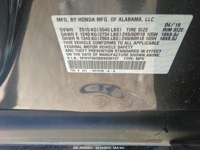 Honda Pilot Ex-l 2019 5FNYF5H58KB036747 Image 9