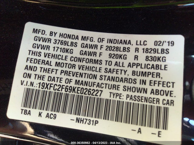 Honda Civic Sedan Lx 2019 19XFC2F69KE026227 Image 9