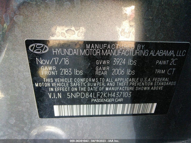 Hyundai ELANTRA SEL 2019 5NPD84LF2KH437103 Image 9
