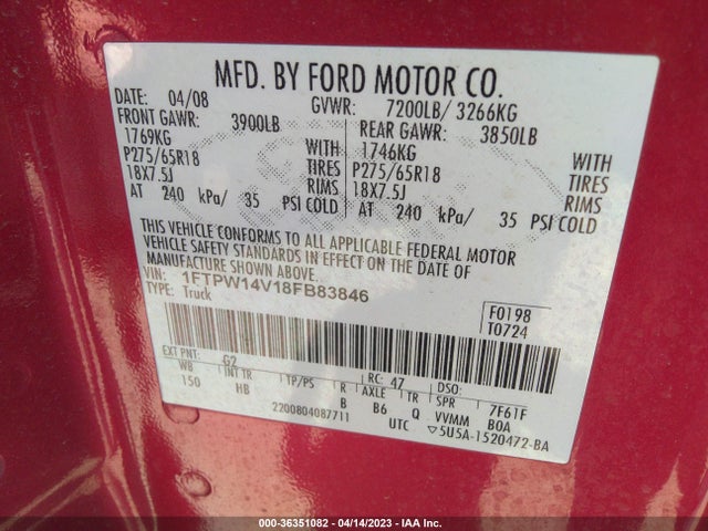 2008 FORD F-150 XLT/FX4/LARIAT VIN: 1FTPW14V18FB83846