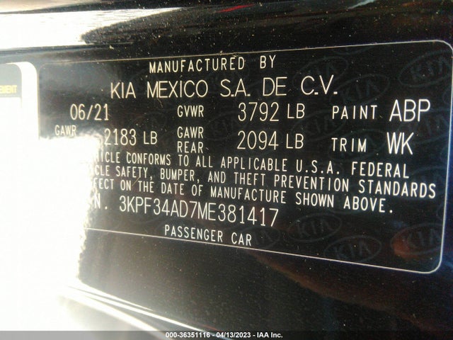2021 KIA FORTE GT LINE VIN: 3KPF34AD7ME381417