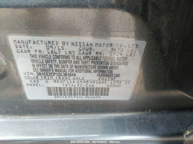 3N1CE2CP1GL361644 Nissan Versa Note S/s Plus/sv/sr/sl