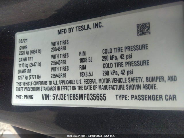 Tesla Model 3 Long Range 2021 5YJ3E1EB5MF035655 Image 9