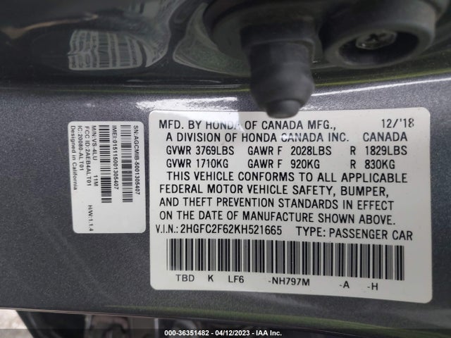 Honda Civic Sedan Lx 2019 2HGFC2F62KH521665 Image 11