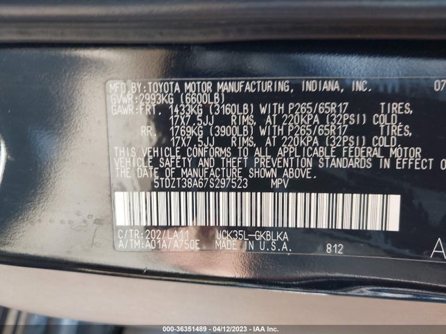 36351489 :رقم المزاد ، 5TDZT38A67S297523 vin ، 2007 Toyota Sequoia Limited مزاد بيع