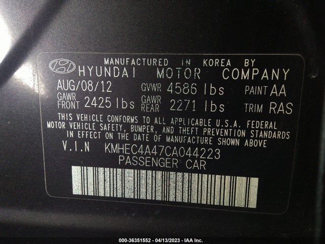 2012 HYUNDAI SONATA HYBRID VIN: KMHEC4A47CA044223