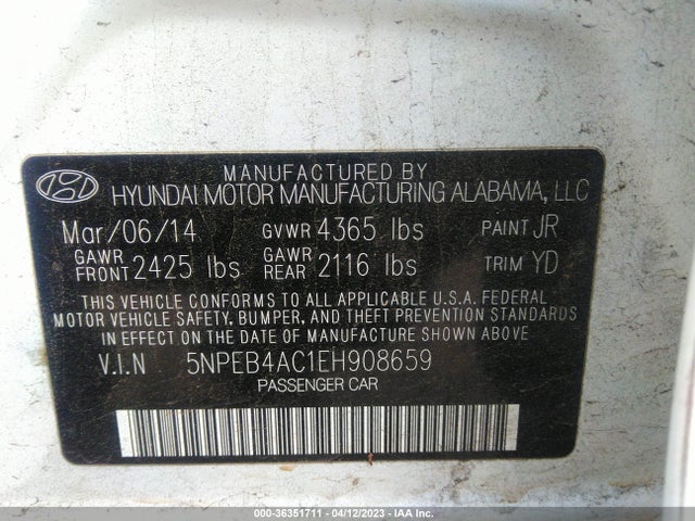 2014 HYUNDAI SONATA GLS VIN: 5NPEB4AC1EH908659