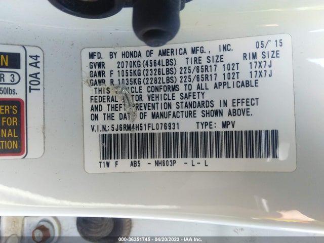 Honda CR-V EX 2015 5J6RM4H51FL076931 Image 9