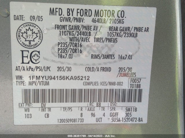 2006 FORD ESCAPE LIMITED VIN: 1FMYU94156KA95212
