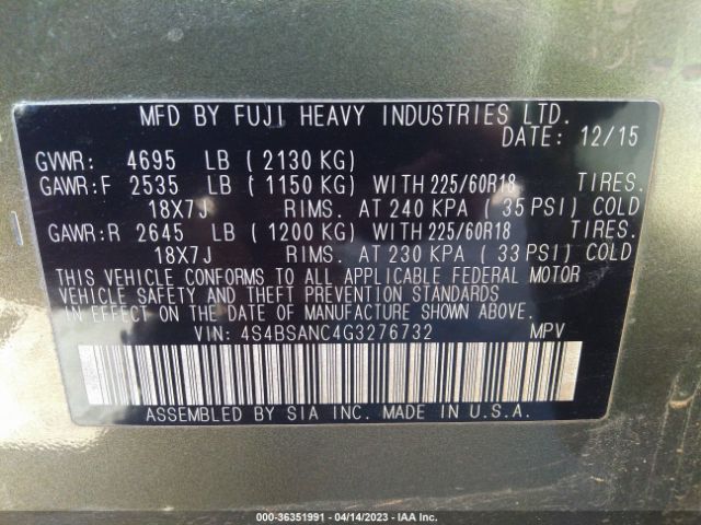 4S4BSANC4G3276732 Subaru Outback 2.5i Limited