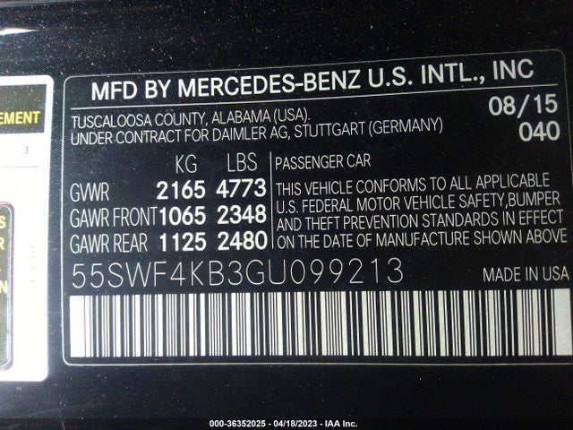 36352025 :رقم المزاد ، 55SWF4KB3GU099213 vin ، 2016 Mercedes-benz C 300 Sport 4matic/luxury 4matic/4matic مزاد بيع