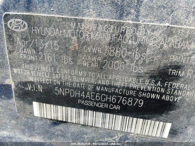 2016 HYUNDAI ELANTRA SE VIN: 5NPDH4AE6GH676879