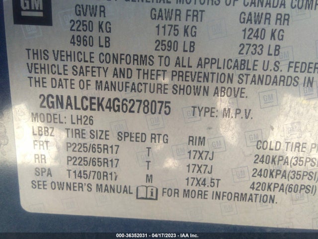 Chevrolet EQUINOX LT 2016 2GNALCEK4G6278075 Image 10