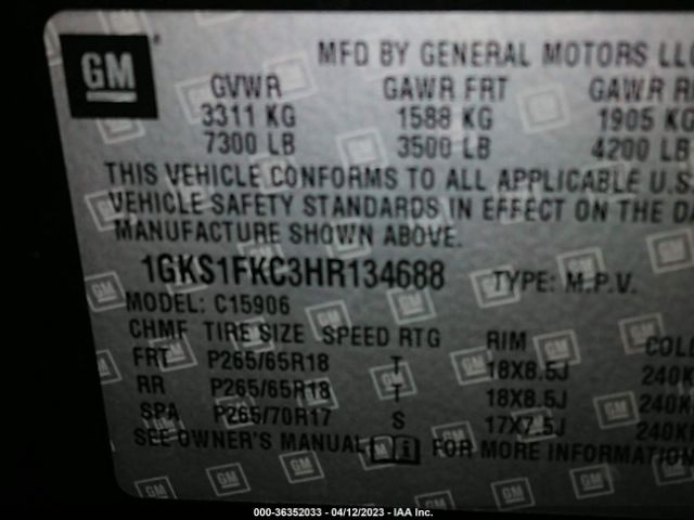 1GKS1FKC3HR134688 GMC Yukon Xl Sle