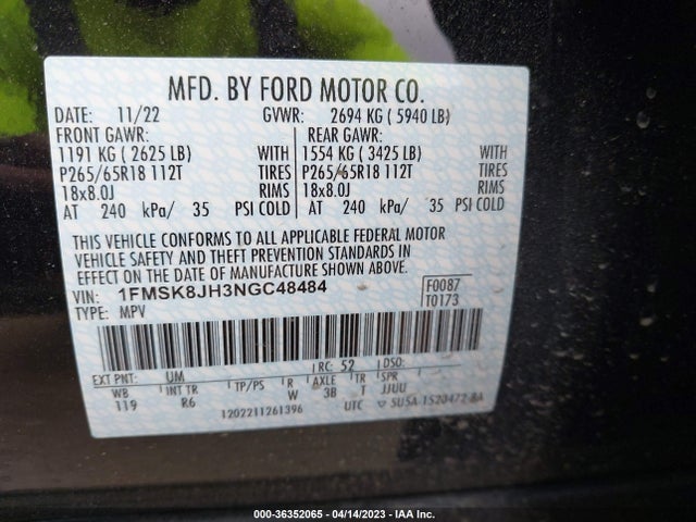 2022 FORD EXPLORER TIMBERLINE VIN: 1FMSK8JH3NGC48484