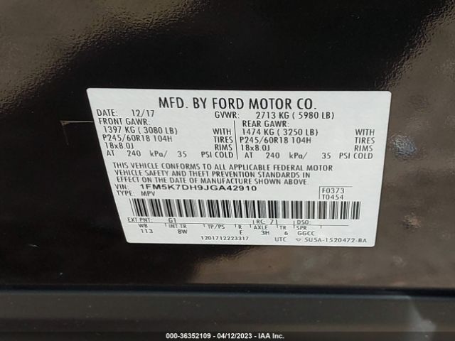 1FM5K7DH9JGA42910 Ford EXPLORER XLT